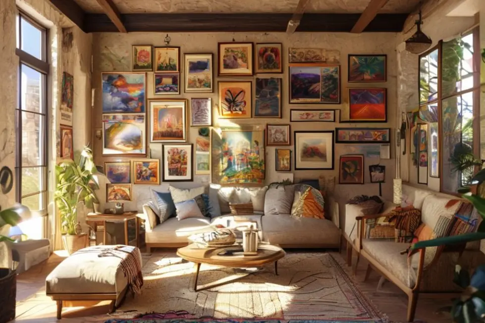 Sala de estar cheia de arte nas paredes, transmitindo um clima acolhedor e criativo.