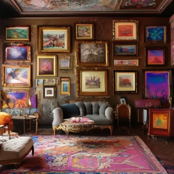 Sala bonita decorada com quadros coloridos de estilos clássicos e modernos.