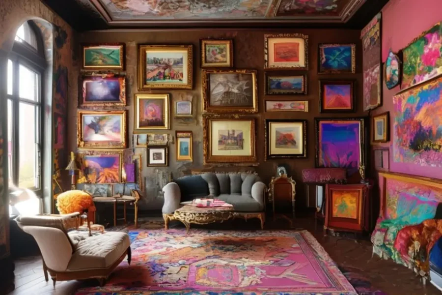 Sala bonita decorada com quadros coloridos de estilos clássicos e modernos.