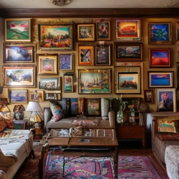 Sala de estar decorada com quadros e posters.