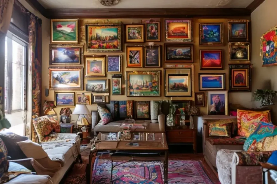 Sala de estar decorada com quadros e posters.