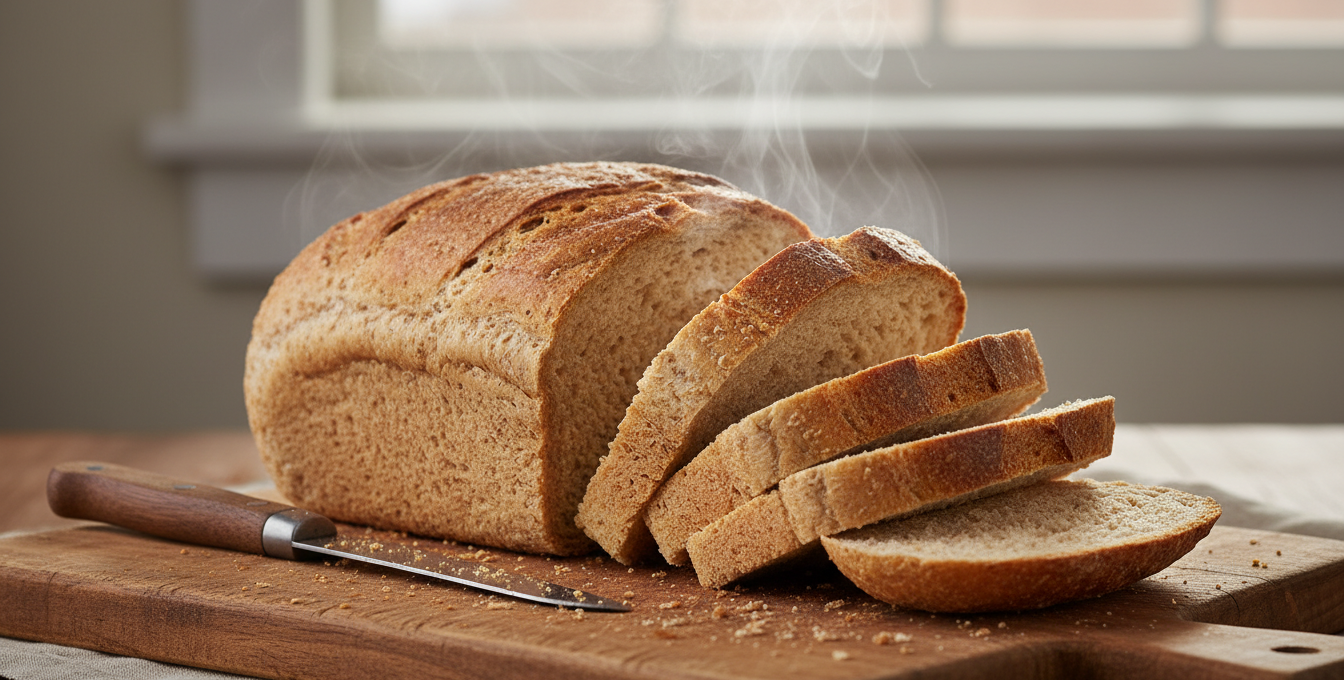 Receita de Pão Integral — análise visual detalhada do pão caseiro fresco