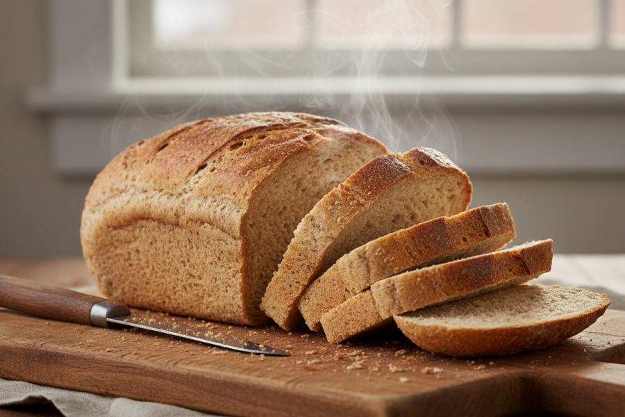 Receita de Pão Integral — análise visual detalhada do pão caseiro fresco