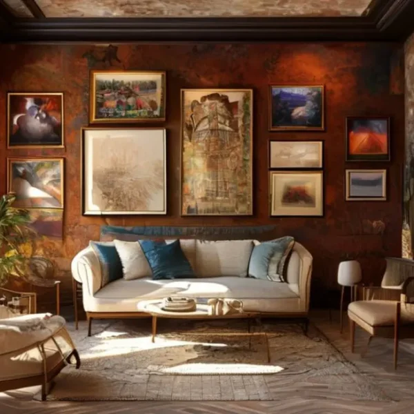 Interior elegante com quadros, representando um espaço acolhedor e bem decorado.