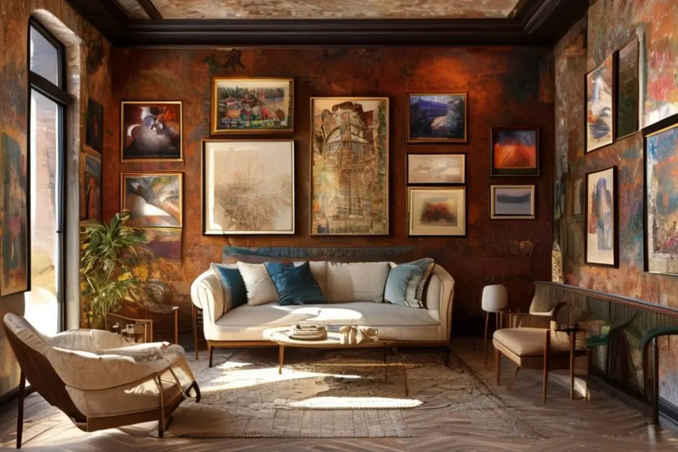 Interior elegante com quadros, representando um espaço acolhedor e bem decorado.