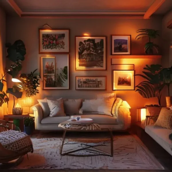 Ambiente acolhedor com quadros artísticos na decoração.