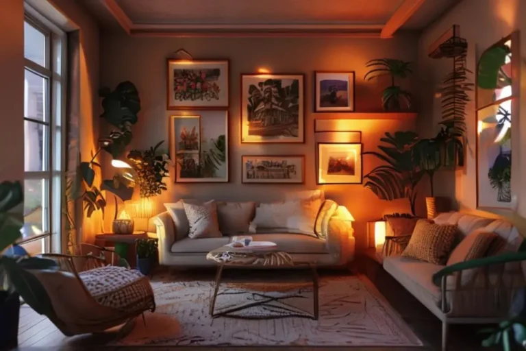 Ambiente acolhedor com quadros artísticos na decoração.