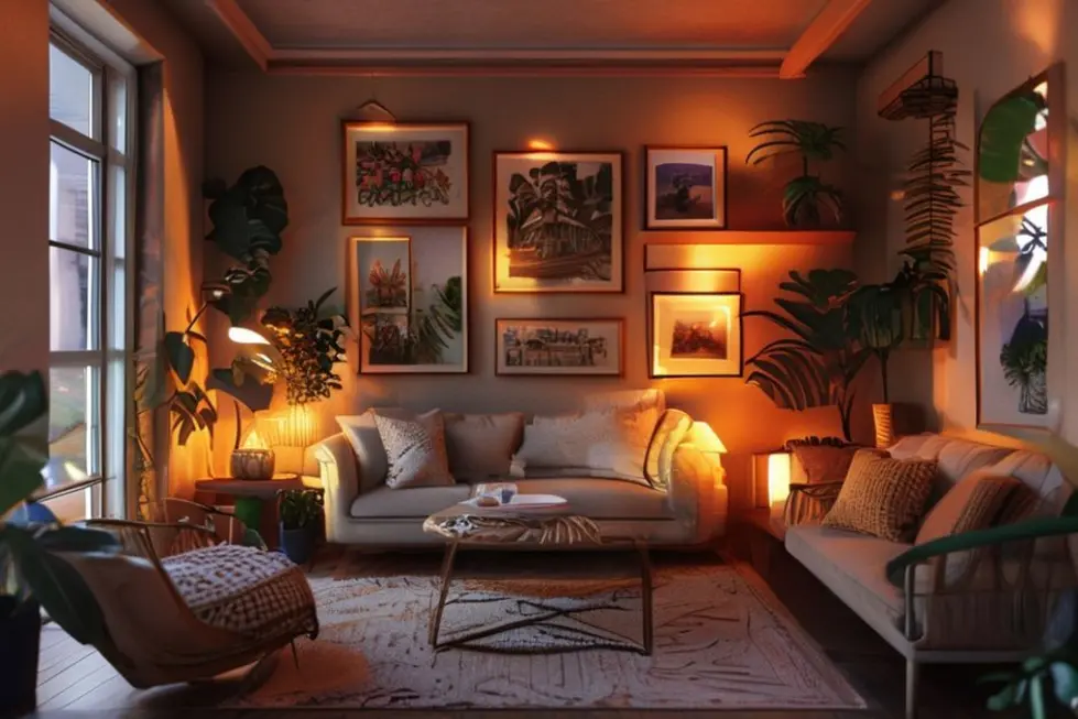 Ambiente acolhedor com quadros artísticos na decoração.