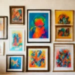 Vibrante coleção de quadros e posters em um ambiente acolhedor.