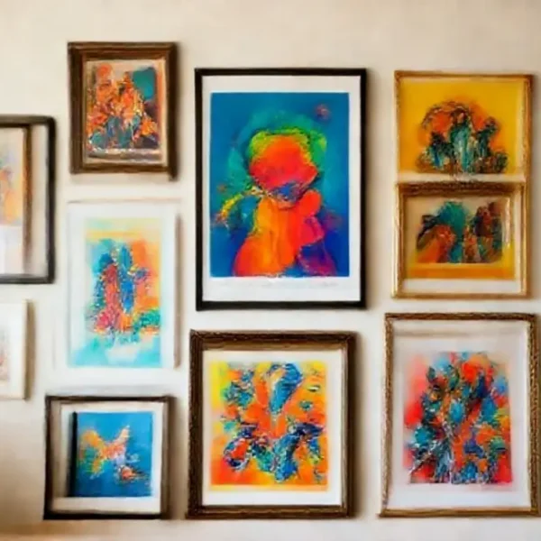 Vibrante coleção de quadros e posters em um ambiente acolhedor.