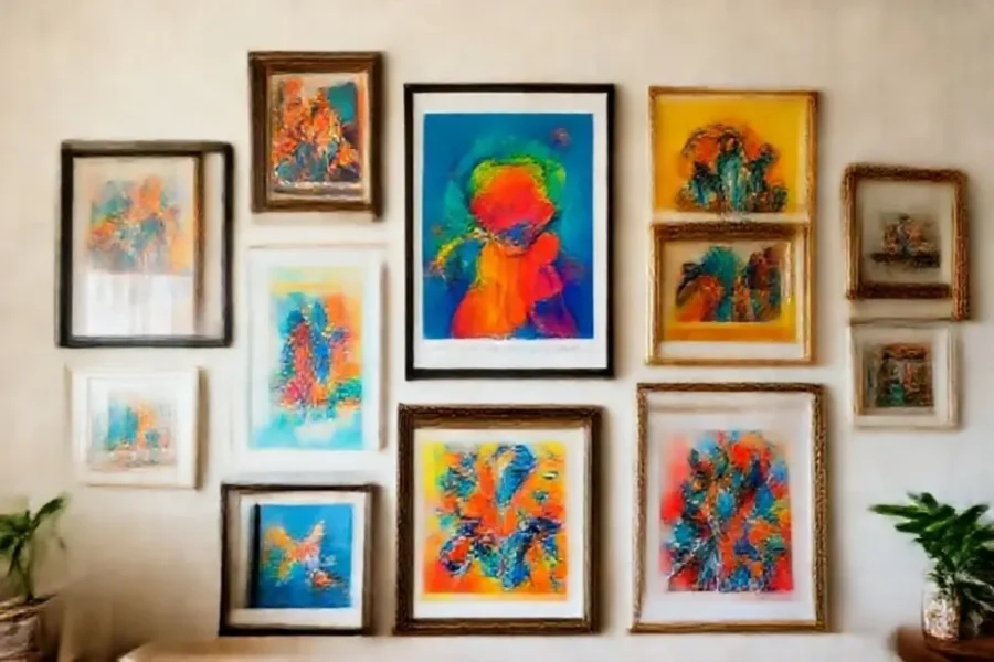 Vibrante coleção de quadros e posters em um ambiente acolhedor.