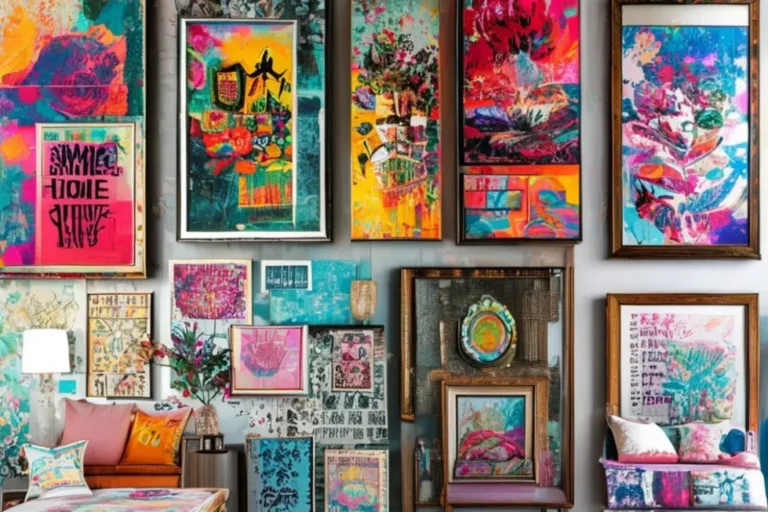Colagem criativa de decorações de casa com quadros variados.