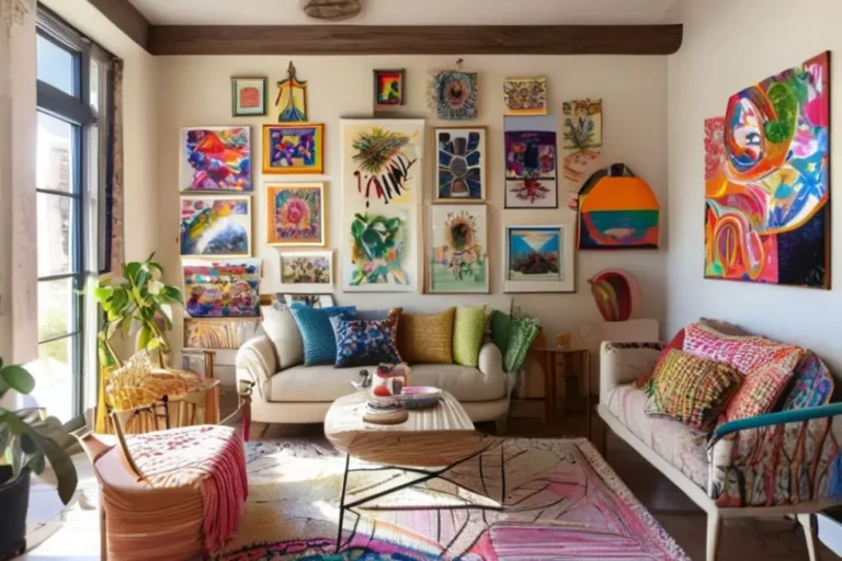 Decoração de casa com arte vibrante nas paredes.