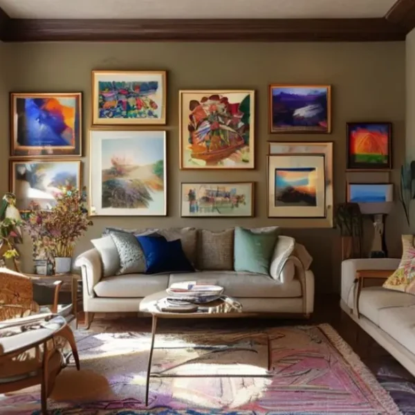 Interior de casa decorado com uma mistura de quadros que refletem personalidade.