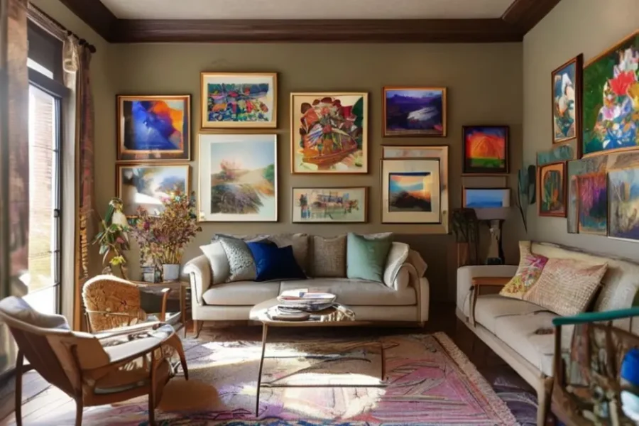 Interior de casa decorado com uma mistura de quadros que refletem personalidade.