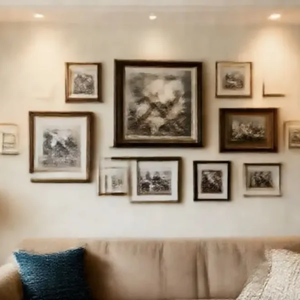 Um ambiente acolhedor com arte bem disposta nas paredes.