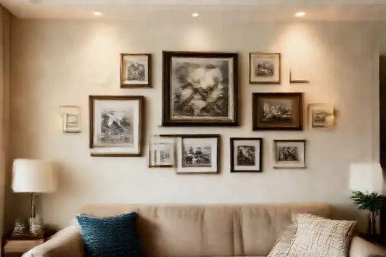 Um ambiente acolhedor com arte bem disposta nas paredes.