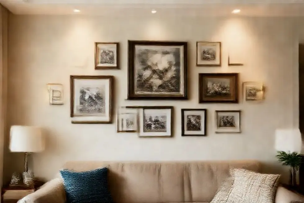 Um ambiente acolhedor com arte bem disposta nas paredes.