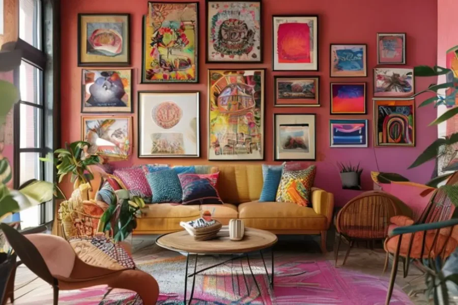 Interior aconchegante de casa com arte nas paredes