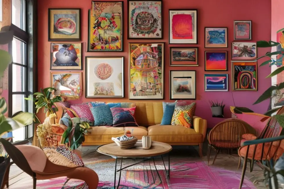 Interior aconchegante de casa com arte nas paredes