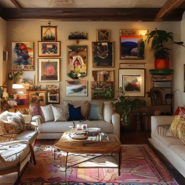 Ambiente interno decorado com arte vibrante.