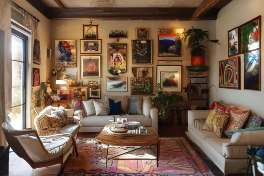 Ambiente interno decorado com arte vibrante.