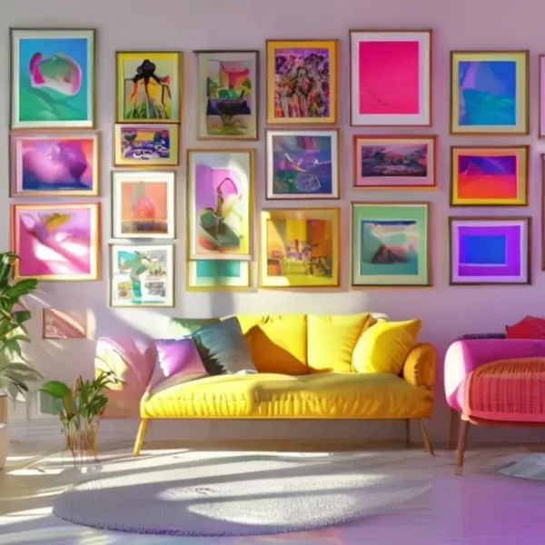 Sala moderna com decoração em quadros