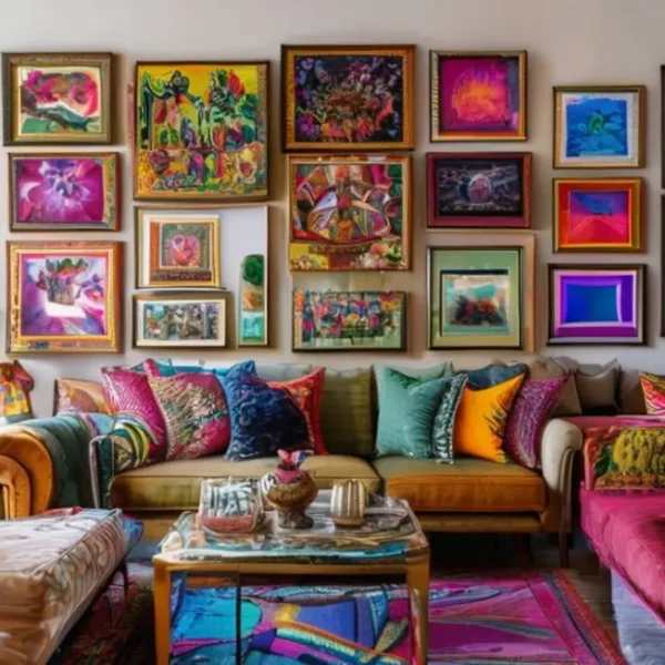 Sala de estar lindamente decorada com murais artísticos.