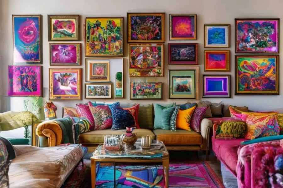 Sala de estar lindamente decorada com murais artísticos.