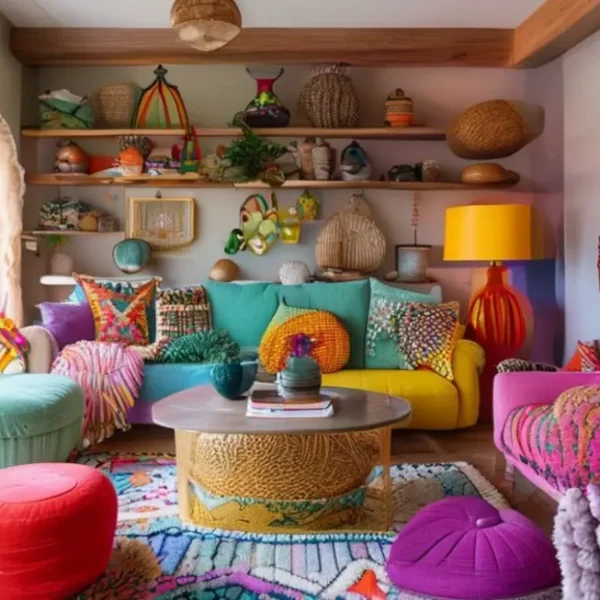 Ambiente interno estiloso e acolhedor, com elementos de design acessível.