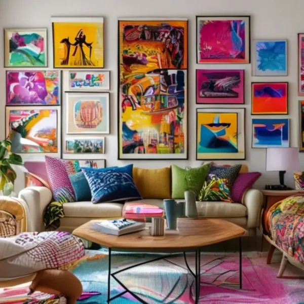 Sala de estar estilosa com quadros e posters vibrantes.