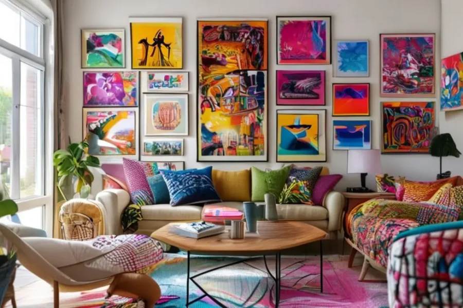 Sala de estar estilosa com quadros e posters vibrantes.