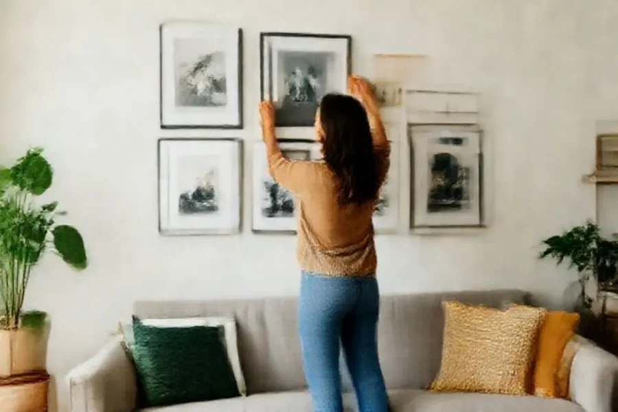 Mulher organizando quadros em um ambiente aconchegante.