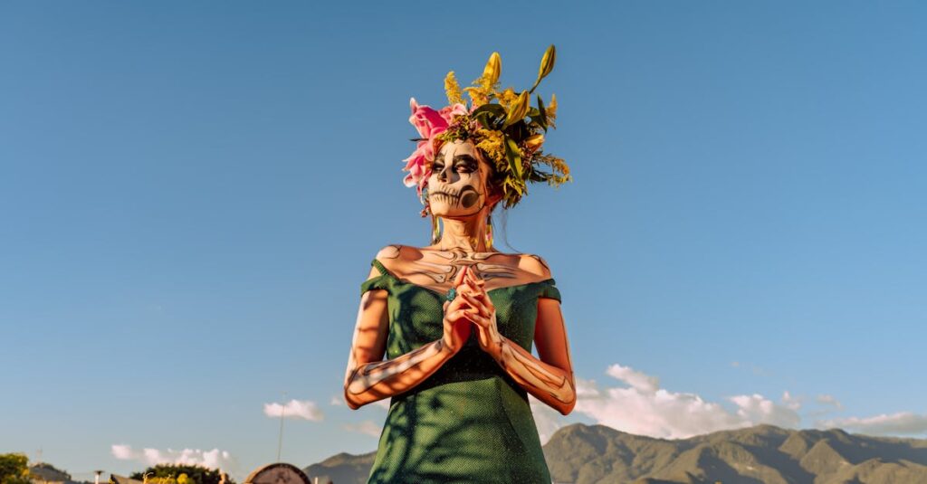 A woman in traditional Day of the Dead makeup and flower crown in Oaxaca, Mexico.