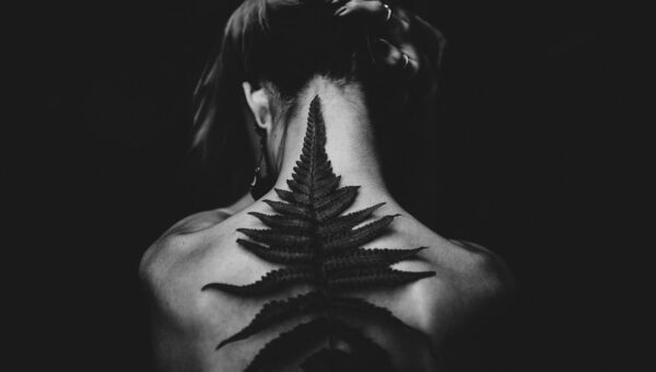 Black and white photo of a tattooed woman from the back, featuring a fern design. Captivating and artistic pose.