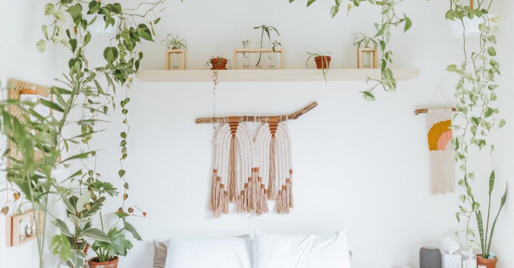 A serene bedroom adorned with hanging plants, minimalist decor, and a cozy ambiance.