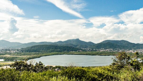 Breathtaking view of Rio de Janeiro's lush hills and serene lake under a vibrant summer sky.