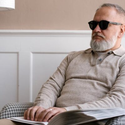 Senior man with sunglasses reading a braille book in a cozy modern interior.