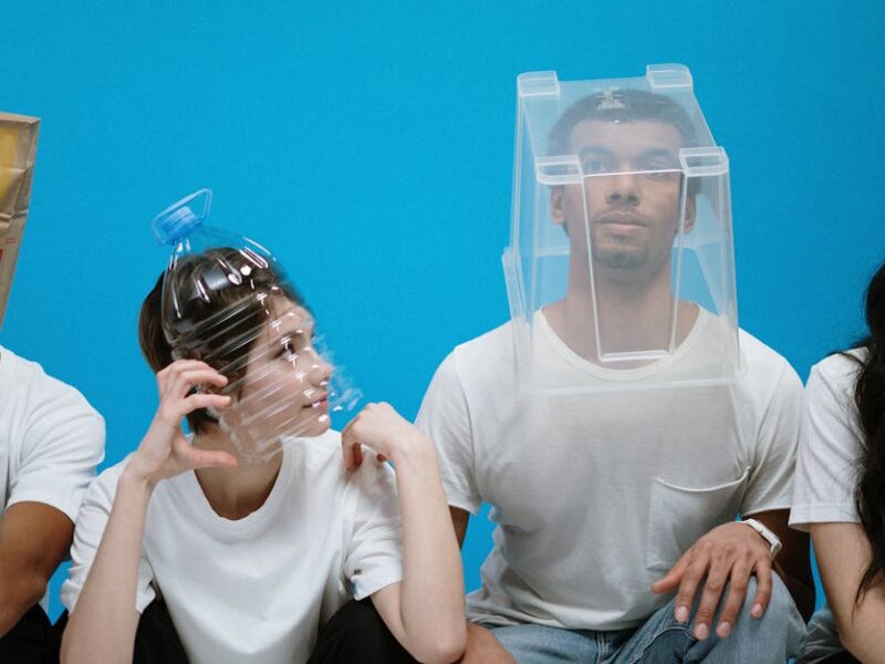 Four people wearing humorous DIY face masks against a blue background, showcasing creativity and humor.