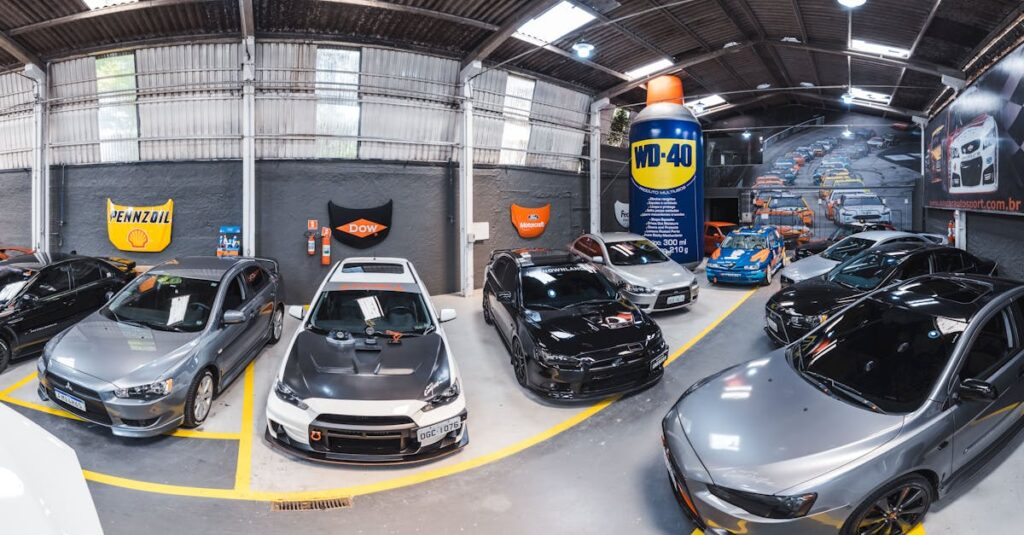 Panoramic view of Vila Nair garage filled with sports cars in São Paulo, Brazil.