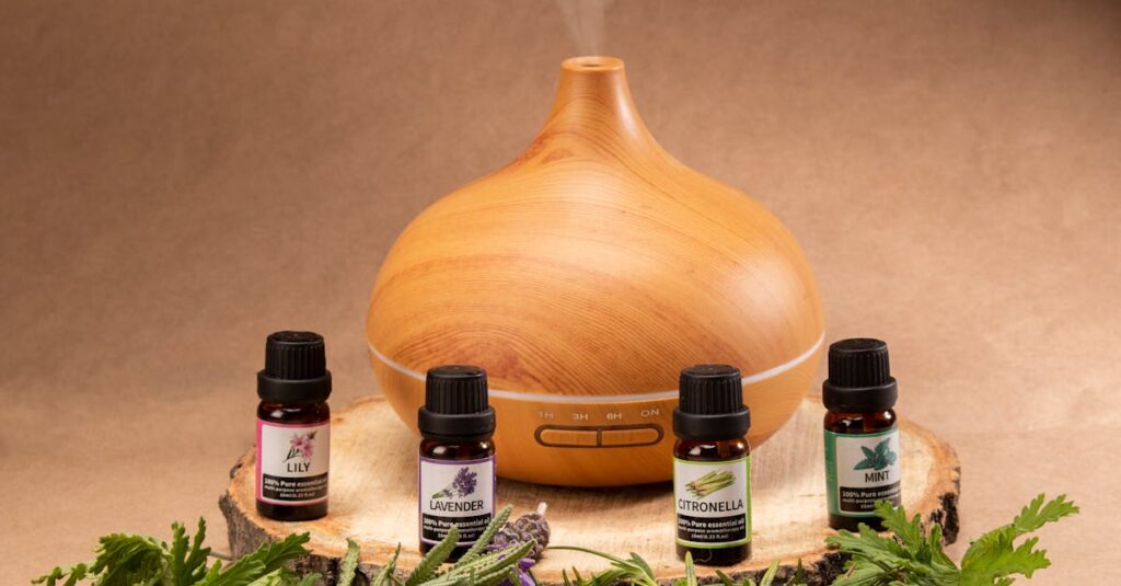 Como Criar um Estilo de Vida Mais Aconchegante e Prático com Aromaterapia 2 Wooden diffuser with essential oils, perfect for relaxation and aromatherapy needs.