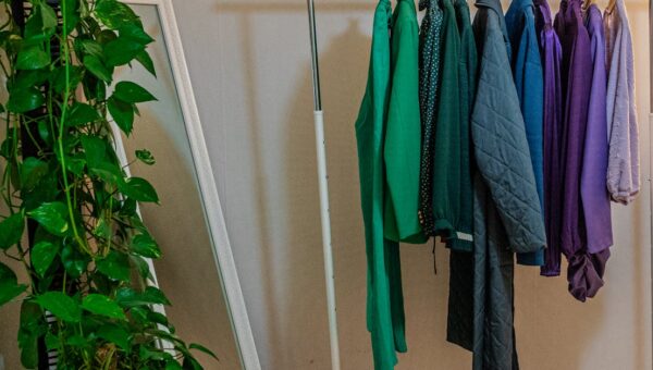 A clothes rack with colorful garments beside a mirror and lush ivy plant indoors.