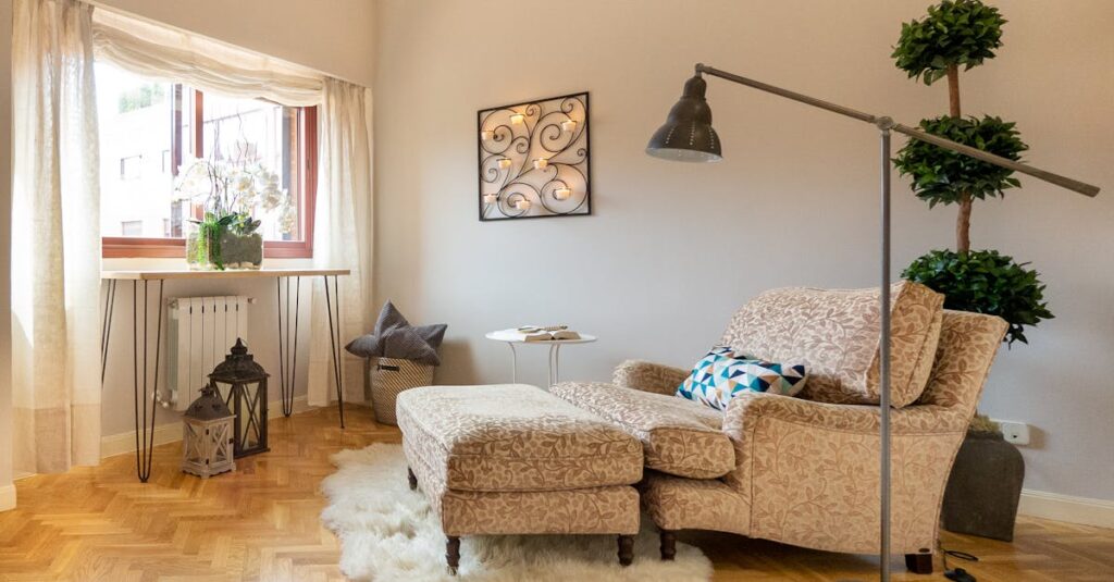 Luxurious living room corner in Madrid featuring a plush lounge chair, rug, and modern decor.