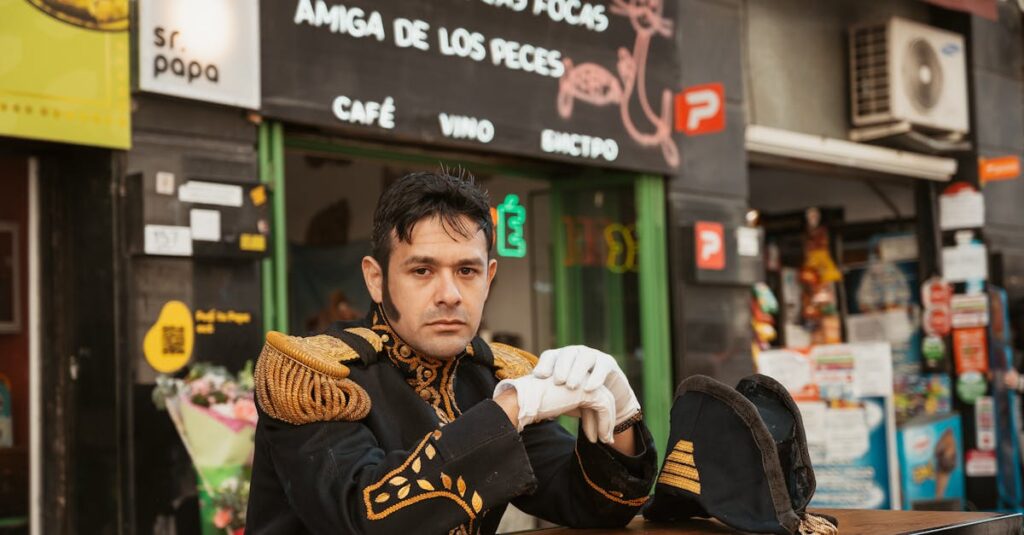 A man in a naval uniform poses at an outdoor cafe in Buenos Aires, Argentina.