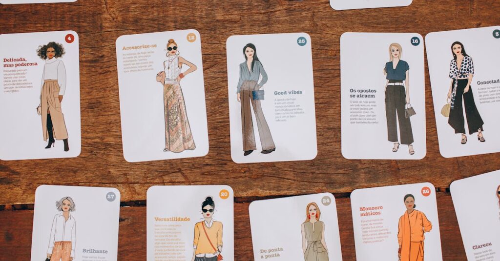 Como a Criatividade Pode Transformar Seu Estilo Pessoal 2 Artistic fashion illustration cards displayed on a wooden table, showcasing style and design.