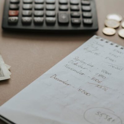 Desk setup showing calculator, cash, coins, and financial notes for budgeting.