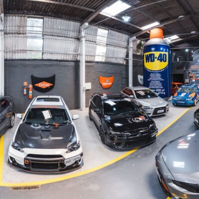 Panoramic view of Vila Nair garage filled with sports cars in São Paulo, Brazil.