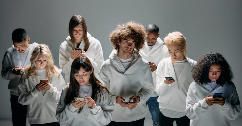 A group of diverse young adults focused on smartphones, symbolizing modern technology and digital connection.