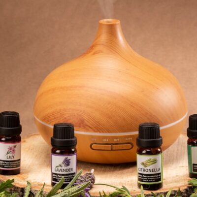 Wooden diffuser with essential oils, perfect for relaxation and aromatherapy needs.