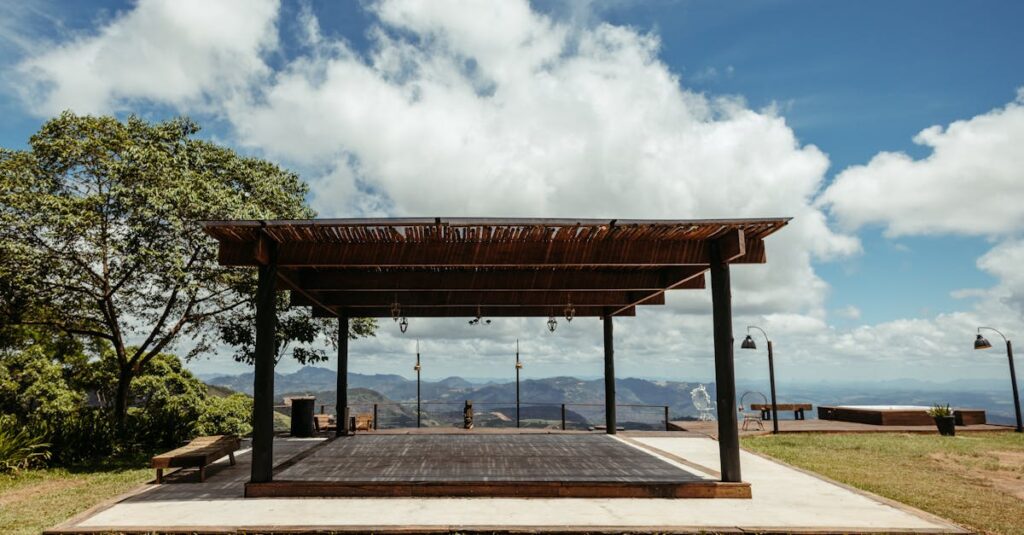 Beautiful open-air structure with lush landscape in Santa Teresa, Brazil.